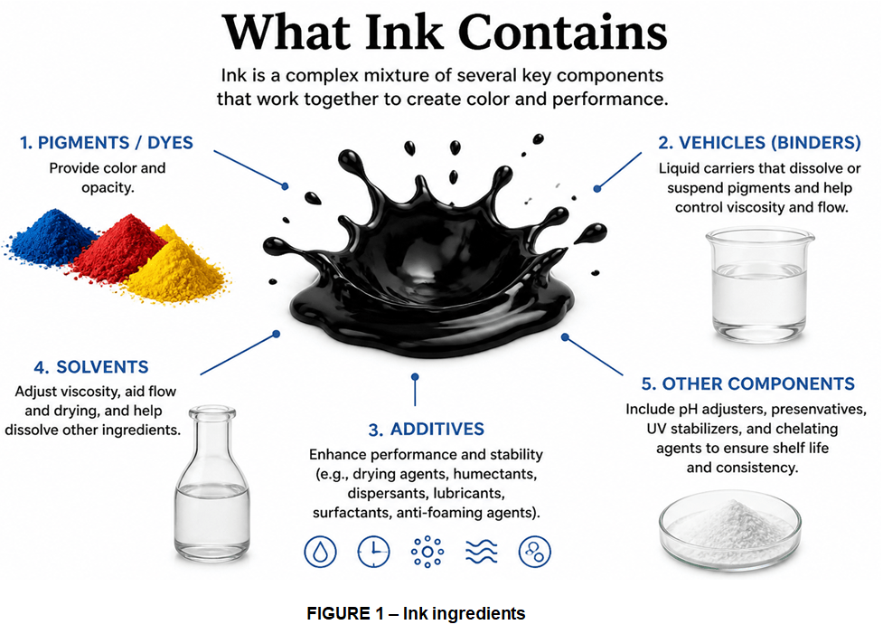 Infographic illustrating the components of ink, including pigments, vehicles, solvents, additives, and other components. Features colorful pigments, a splash of black ink, and labeled sections explaining each ingredient's role in ink formulation.