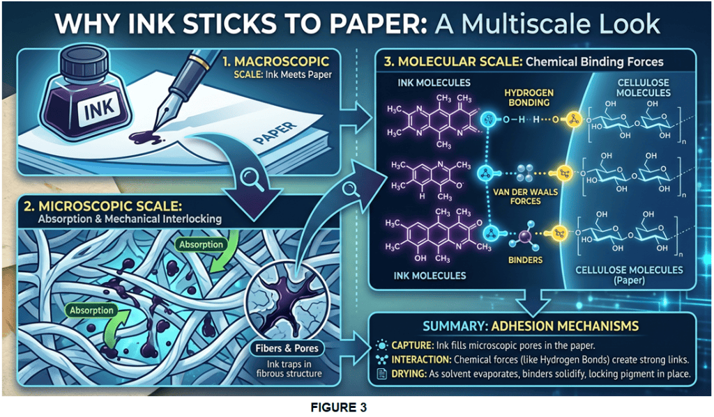 Infographic explaining the reasons why ink adheres to paper, featuring three scales: macroscopic with ink meeting paper, microscopic showing absorption and mechanical interlocking, and molecular detailing chemical binding forces like hydrogen bonding and van der Waals forces.